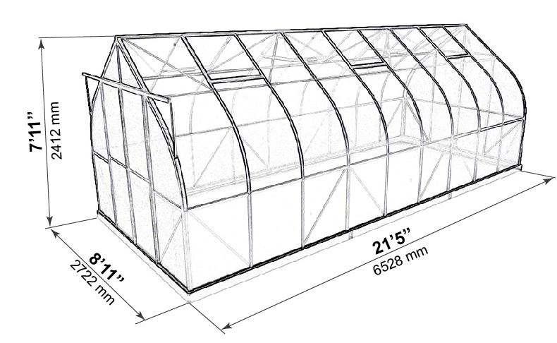 ClimaPod 9x21 greenhouse outer dimensions blueprint
