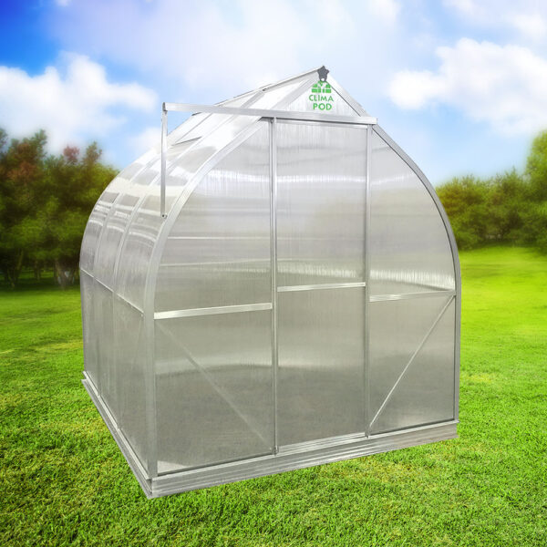 ClimaPod Spirit 7x7 Greenhouse Kit with landscape