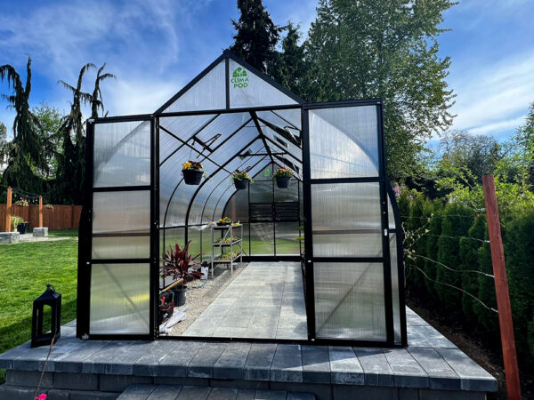 ClimaPod Virtue Black HD 9x14 Greenhouse Kit 6mm polycarbonate front open view sunny 02