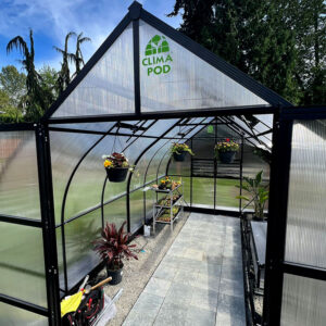 ClimaPod Virtue Black HD 9x14 Greenhouse Kit 6mm polycarbonate front open view sunny 03