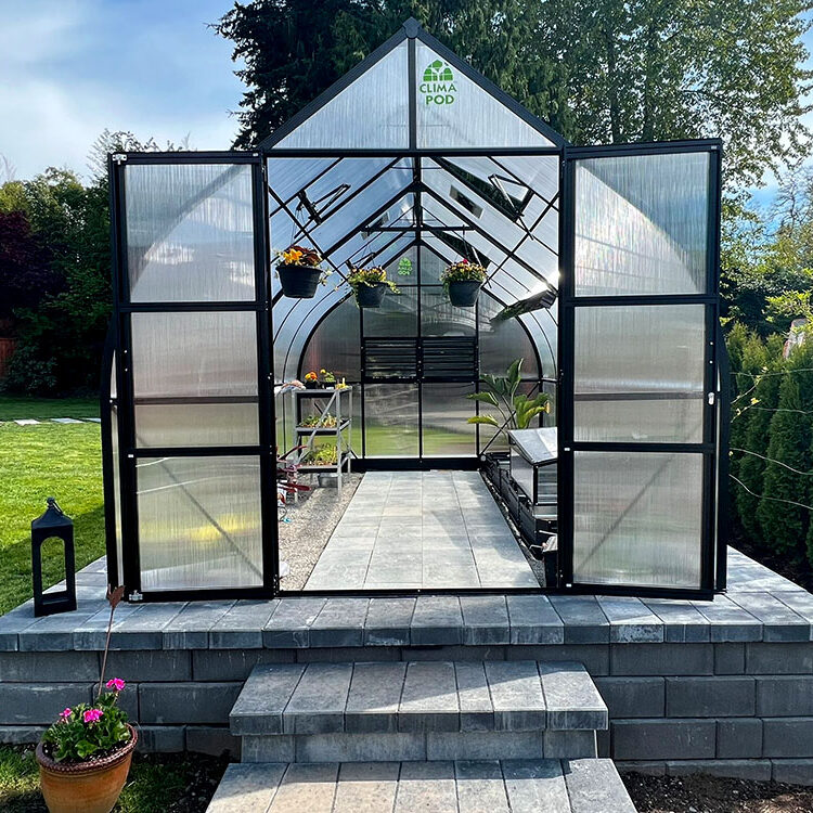 ClimaPod Virtue Black HD 9x14 Greenhouse Kit 6mm polycarbonate front open view sunny 04