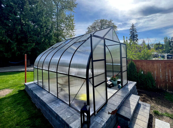 ClimaPod Virtue Black HD 9x14 Greenhouse Kit 6mm polycarbonate front side view sunny 05