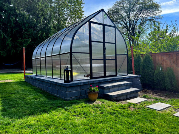 ClimaPod Virtue Black HD 9x14 Greenhouse Kit 6mm polycarbonate front side closed view sunny 06