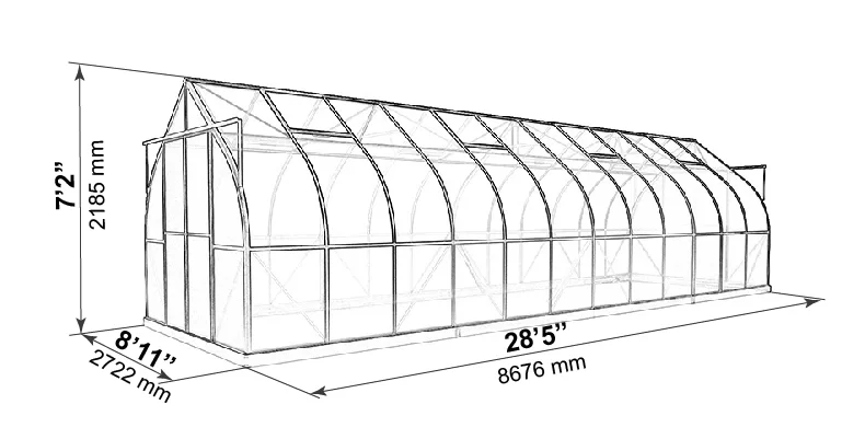 ClimaPod 9x28 greenhouse outer dimensions blueprint