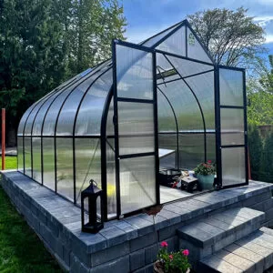 ClimaPod Virtue Black HD 9x14 Greenhouse Kit 6mm polycarbonate front view sunny 01