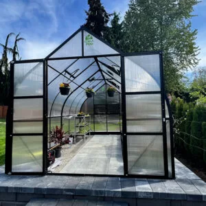 ClimaPod Virtue Black HD 9x14 Greenhouse Kit 6mm polycarbonate front open view sunny 02