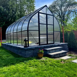 ClimaPod Virtue Black HD 9x14 Greenhouse Kit 6mm polycarbonate front side closed view sunny 06