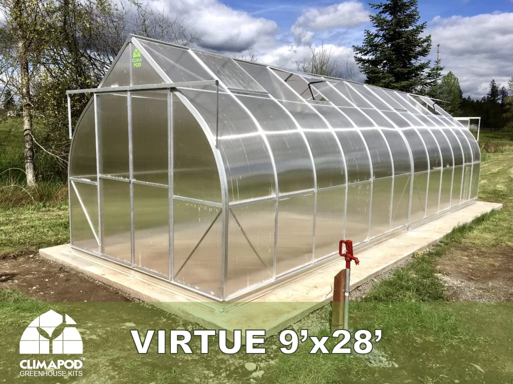 ClimaPod Virtue XL 9x28 Greenhouse Kit on a foundation